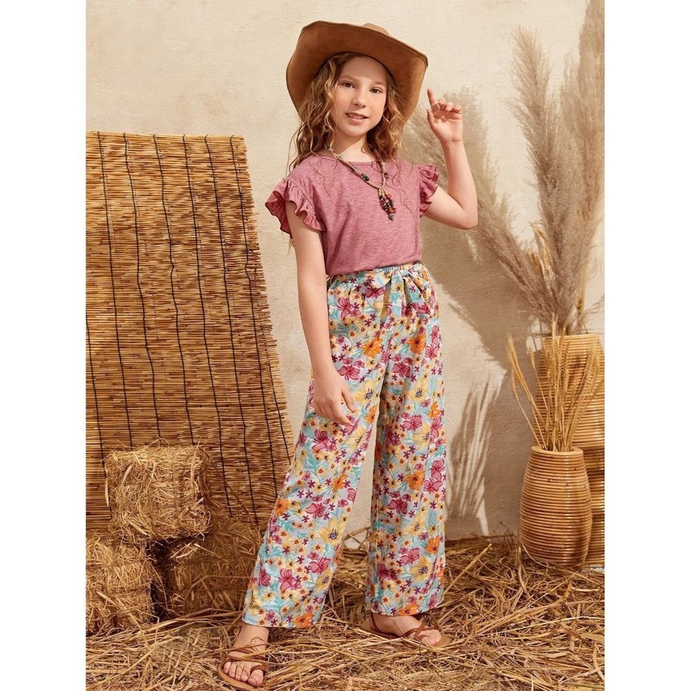 NEW SHEIN Girls Marled Ruffle‎ Trim Tee & Floral Print Belted Pants Set Size 9Y